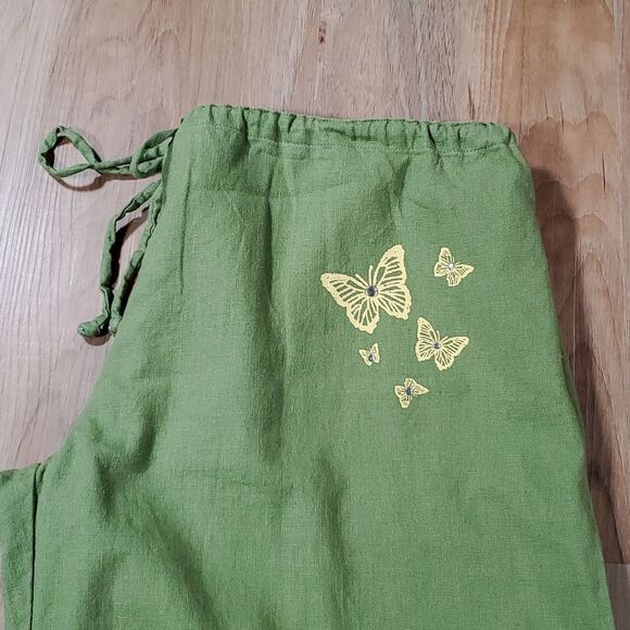 🔹️Derek Heart Green w/Yellow Rhinestone Butterflies Linen Blend Pants Large - Picture 5 of 8